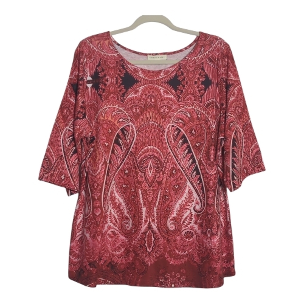 Farmers Market XL Paisley Red Blouse Rhinestones Cottagecore Country Boho Casual